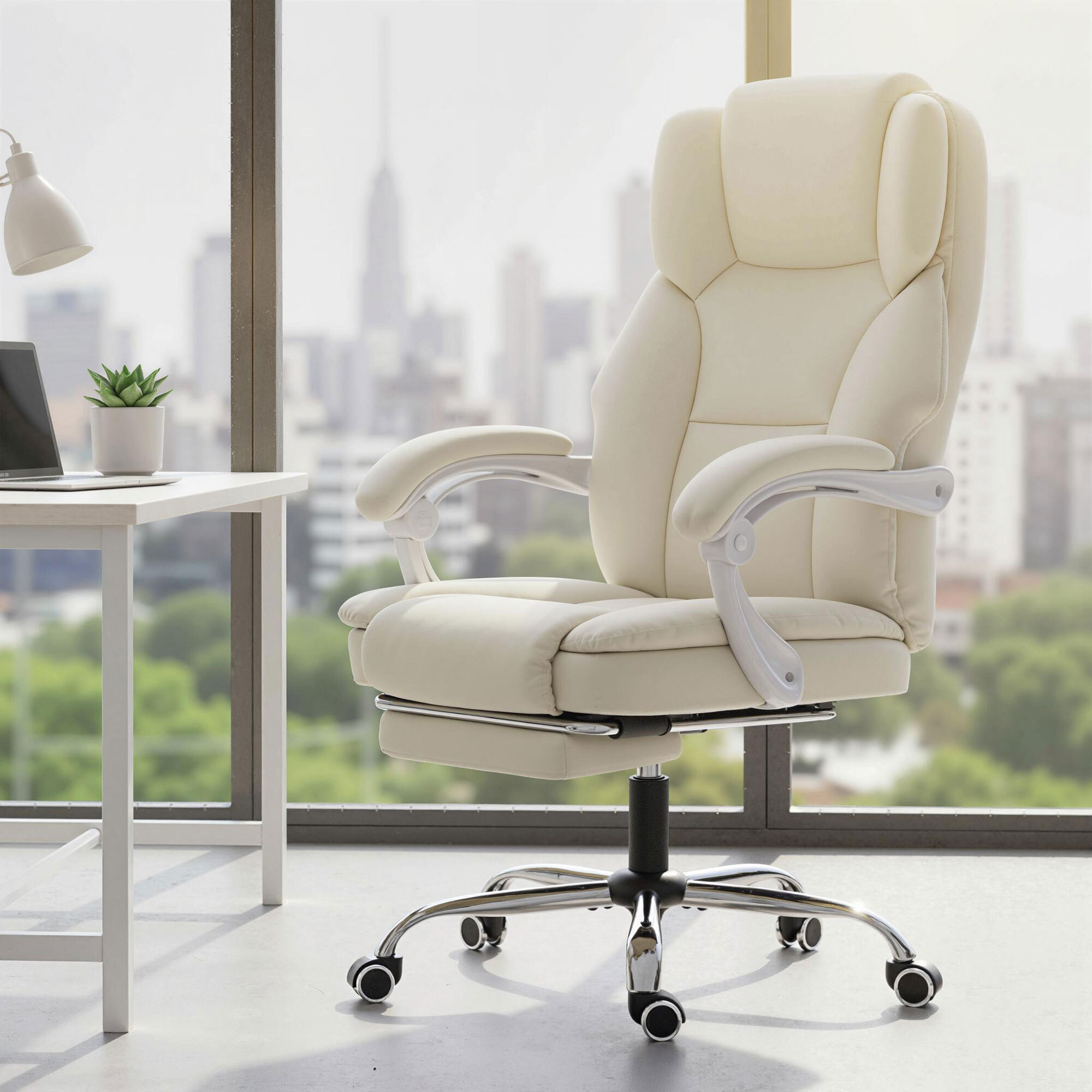 Chaise de bureau manager inclinable réglable repose-pieds rétractable synthétique beige