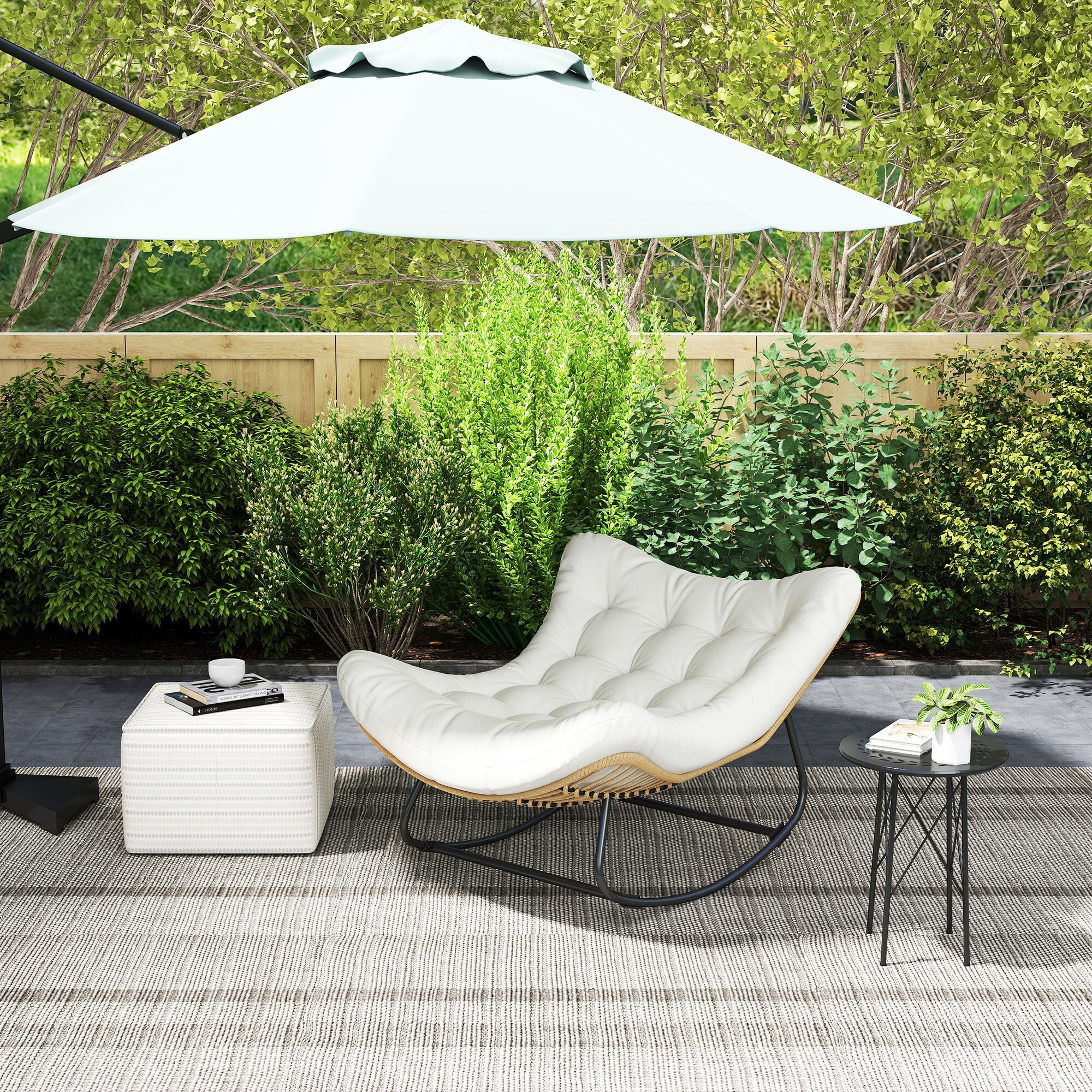 Fauteuil de jardin à bascule - fauteuil à oreilles - chaise à bascule - épais coussin capitonné crème