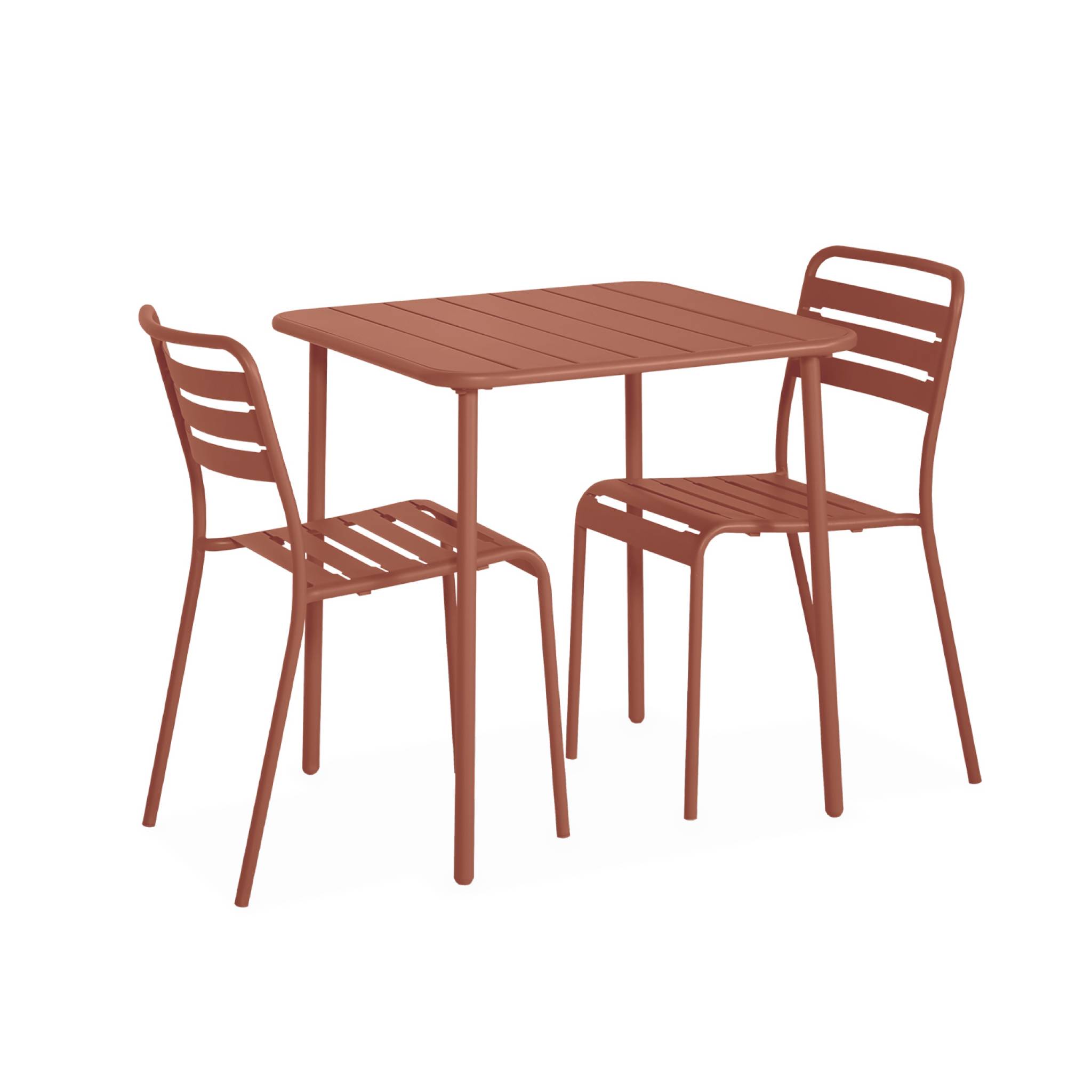 Table de jardin métal 2 places. terracotta. Amelia. 70x70cm. traitement antirouille. lattes et bords arrondis