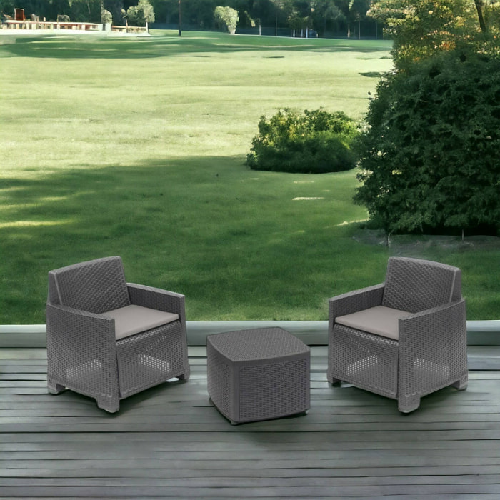 Set salotto da esterno Ari, Composizione da giardino con 2 poltrone e 1 tavolino contenitore, Effetto rattan con cuscini, 100% Made in Italy, Antracite