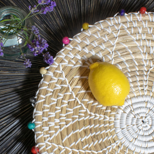 Panier rond en jonc de mer et perles de bois 40cm MILOS