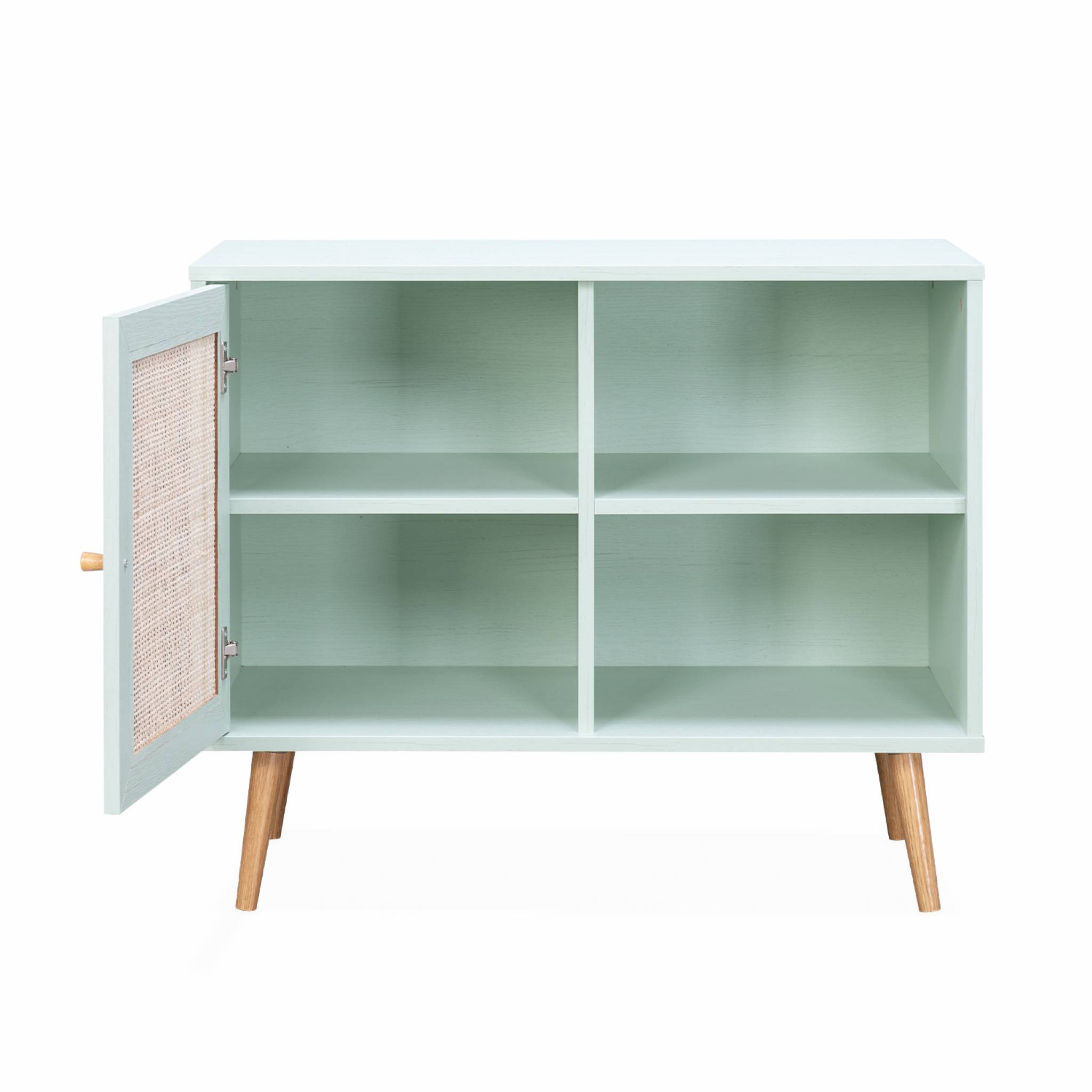 Meuble de rangement en cannage 80x39x65.8cm  Bohème - Vert céladon-  2 niveaux - 1 porte -  pieds scandinaves. buffet bas