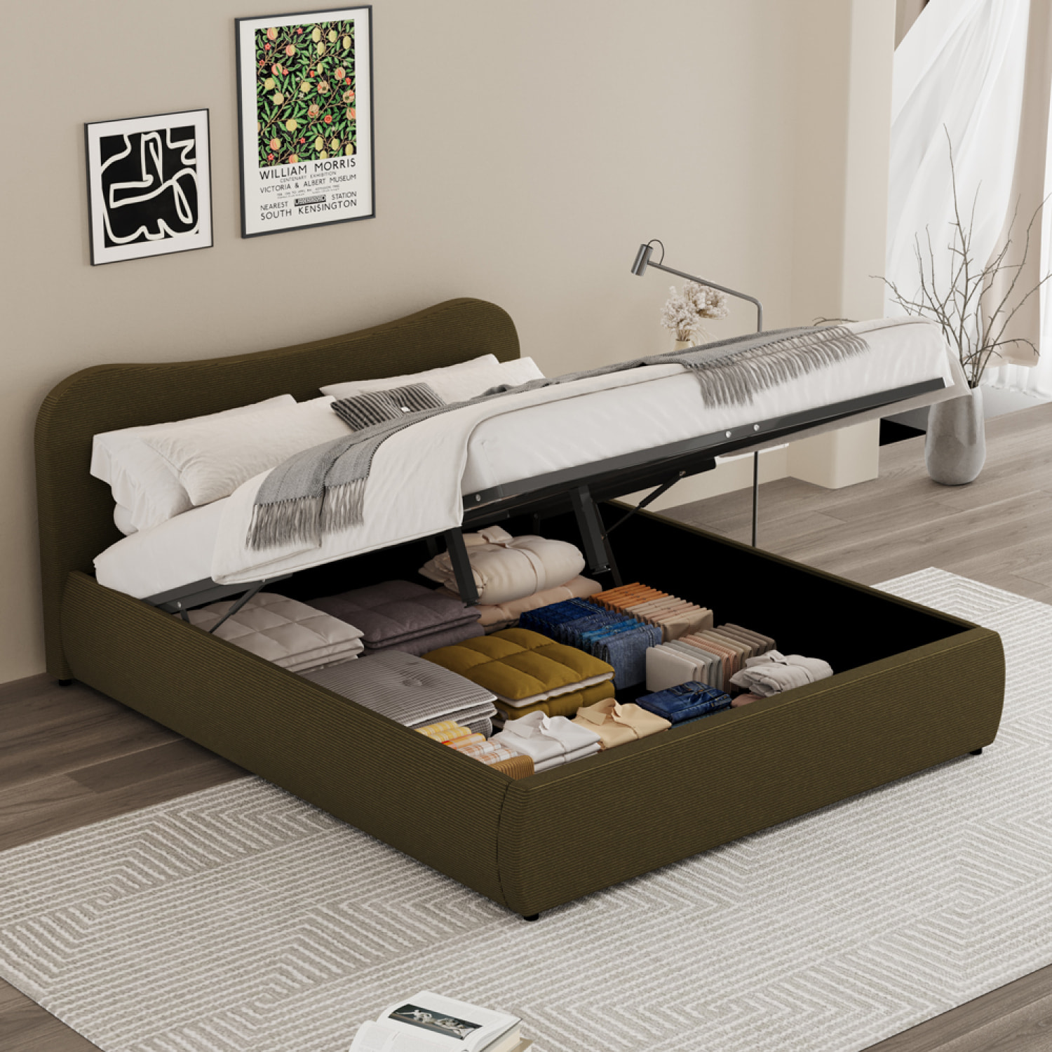 MILANO Lit coffre 160x200cm design arrondi velours côtelé vert