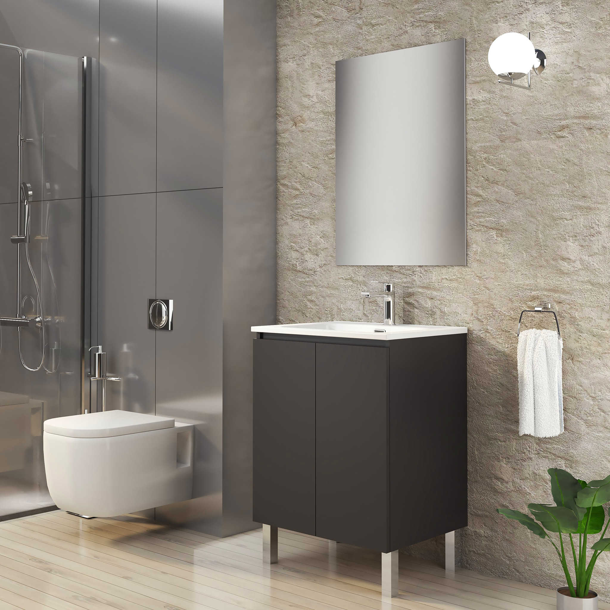 Conjunto de Baño Lust | 60 cm Negro Mate | Dos Puertas | Lavabo Encastrado | No incluye Espejo | Mueble Montado | Alday