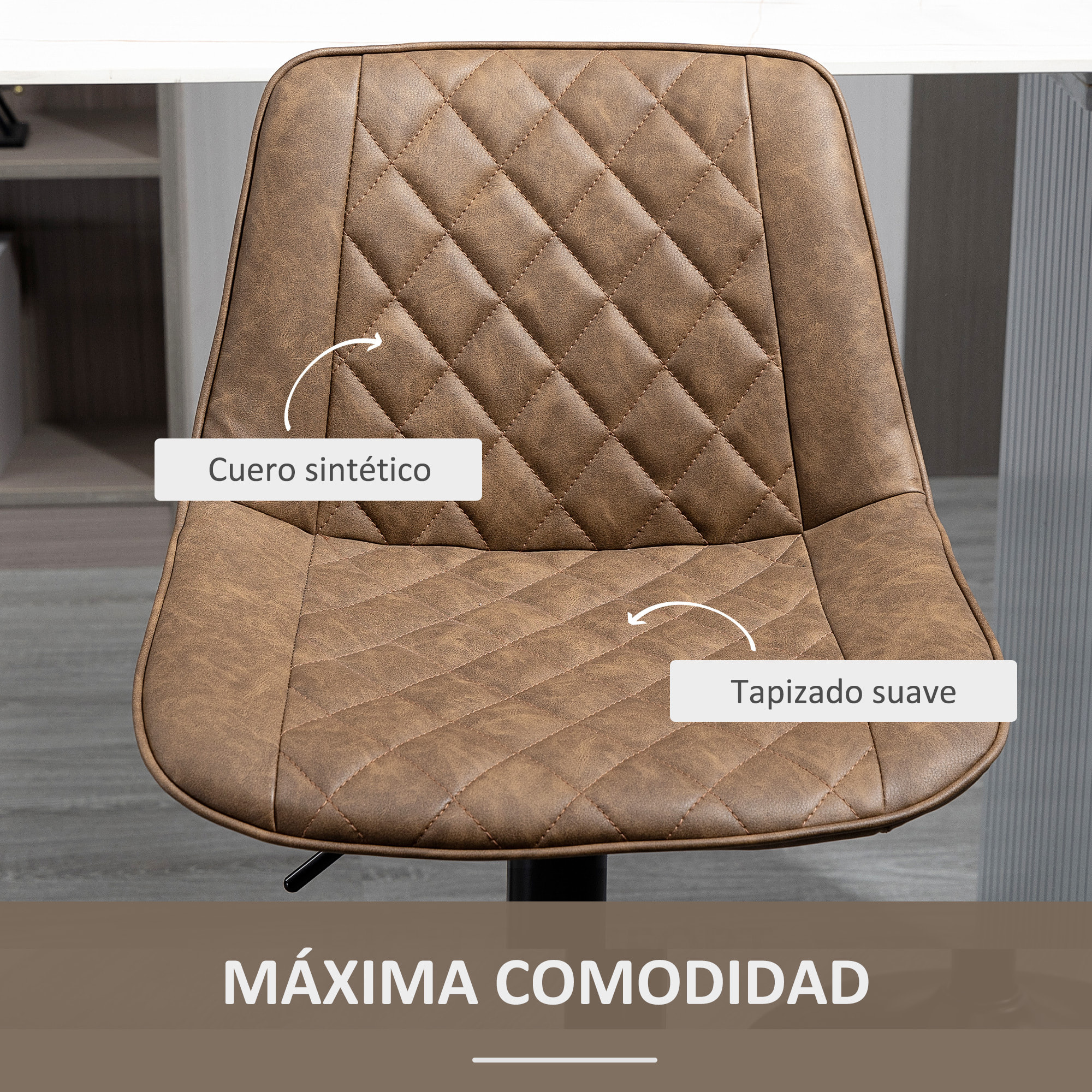 HOMCOM Juego de 2 Taburetes Altos de Cocina Tapizado en PU Taburetes de Bar con Altura Ajustable Asiento Giratorio y Reposapiés Carga 120 kg 46,5x51x86-106 cm Marrón