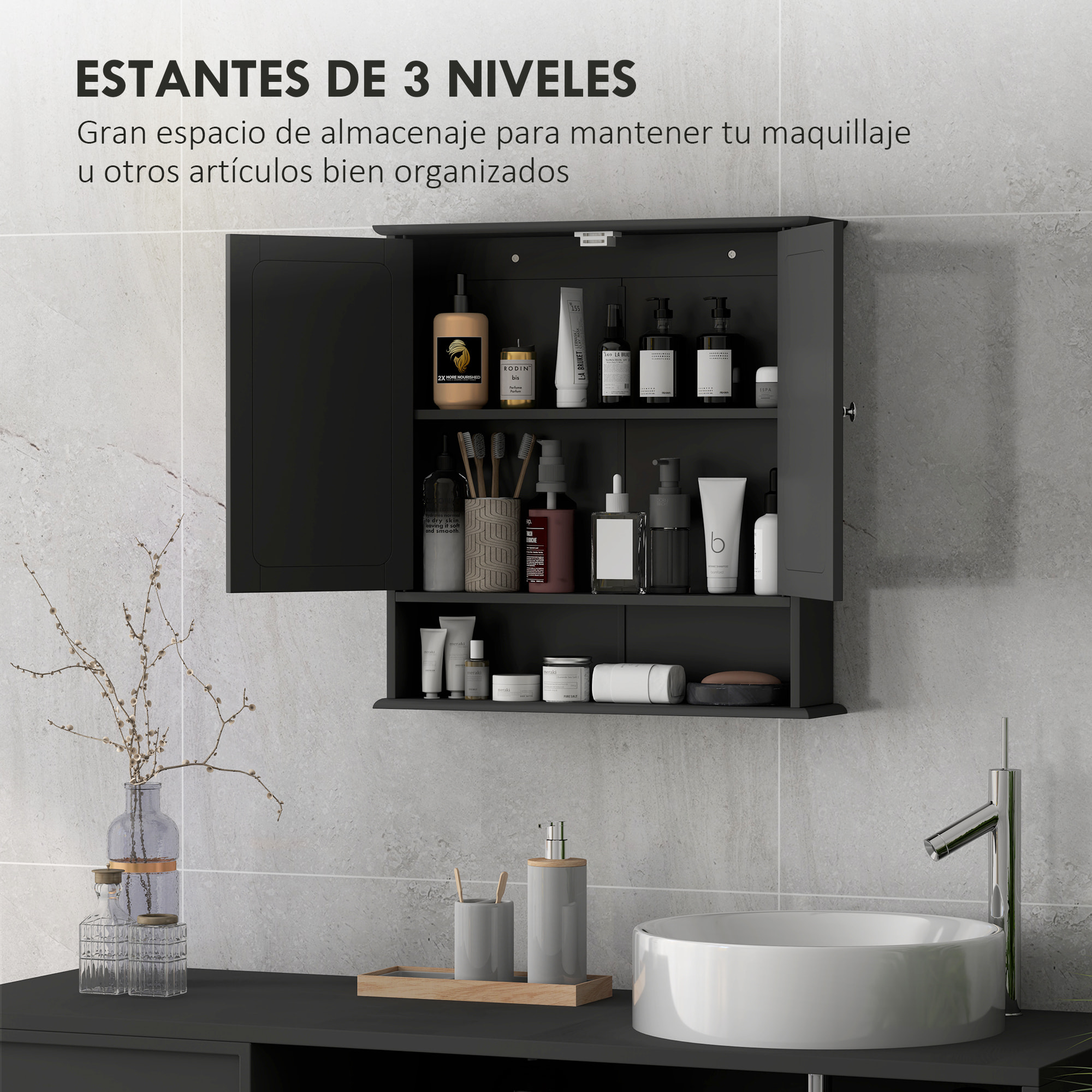 Armario de Baño con Espejo, Armario de Pared con 2 Puertas, Estante Abierto, Estante Ajustable, Mueble de Baño Colgar para Cocina, Salón, 56x13x58 cm, Negro