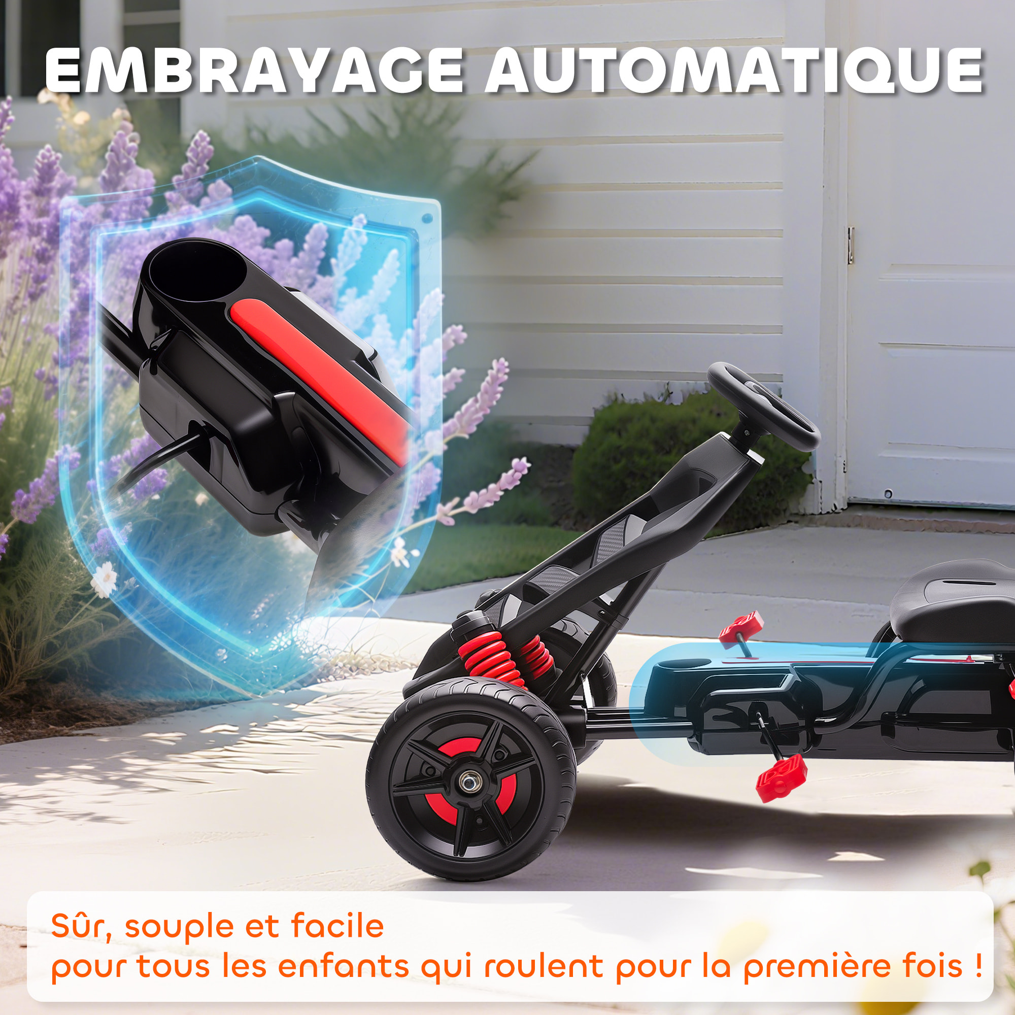 Kart à pédales enfant - Go Kart - carter chaine fermé - marche AV AR - métal plastique noir bleu