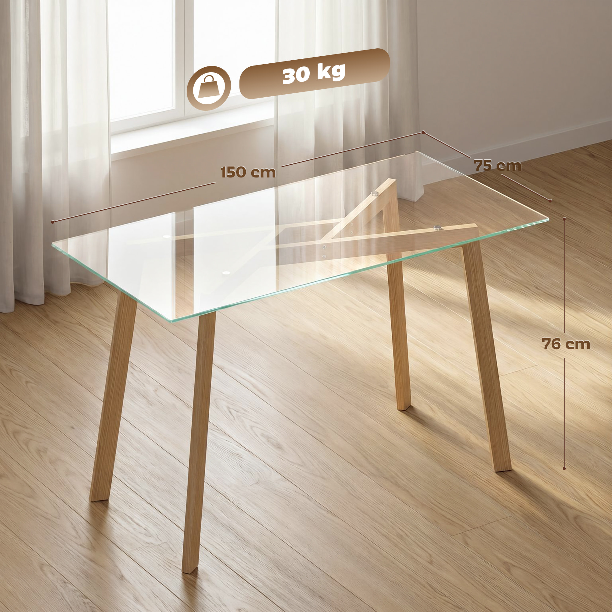 Mesa de Comedor Rectangular, Mesa de Cocina Moderna para 6 Personas con Patas de Acero y Superficie de Vidrio Templado, 150x75x76 cm, Transparente y Madera Natural