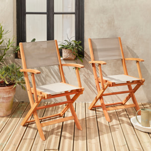 Fauteuils de jardin en bois et textilène - Almeria Gris taupe - 2 fauteuils pliants en bois d'Eucalyptus huilé et textilène