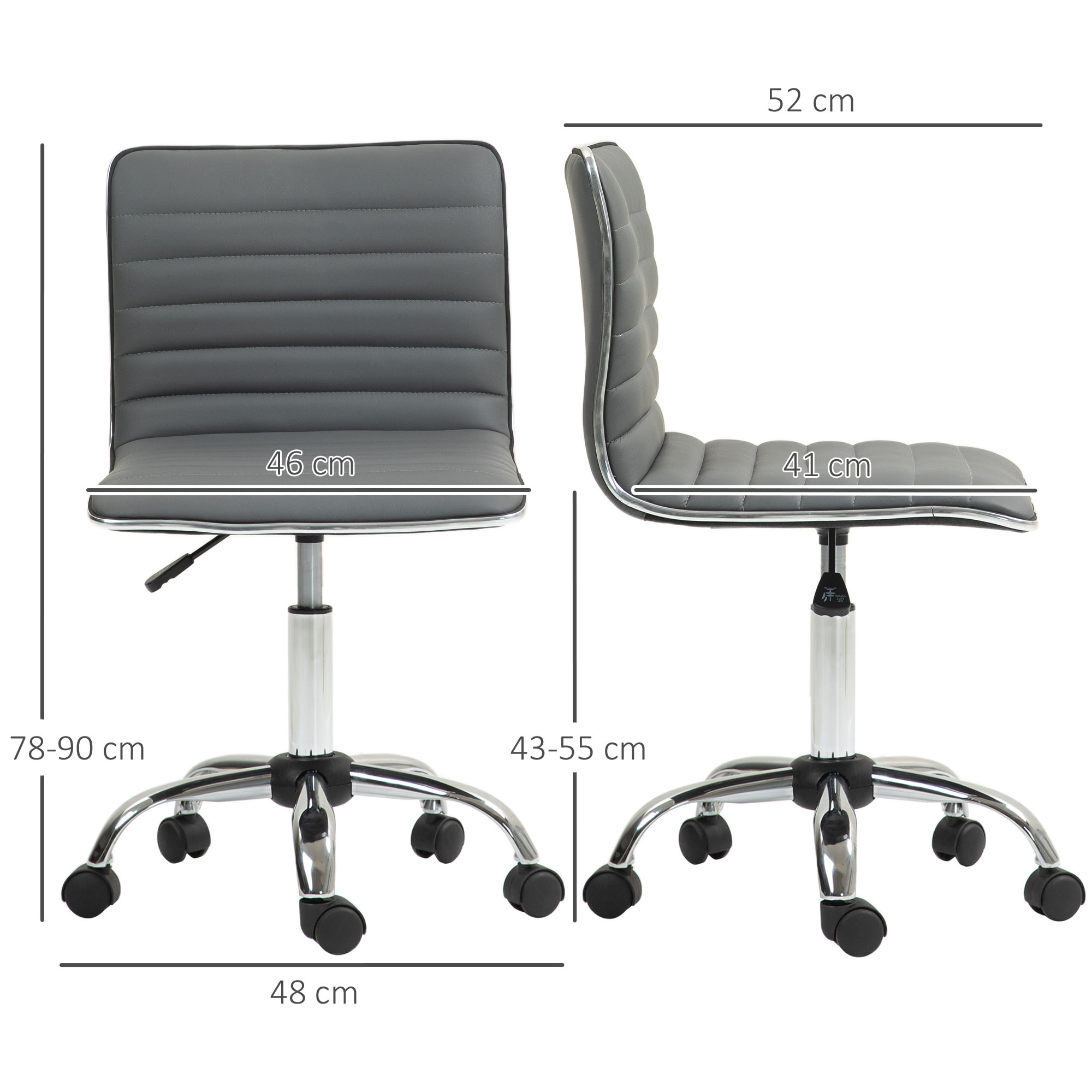 Silla de Oficina sin Brazos Silla de Escritorio Giratoria Tapizada en PU con Altura Ajustable para Estudio Dormitorio Tocador Carga 120 kg Gris Oscuro