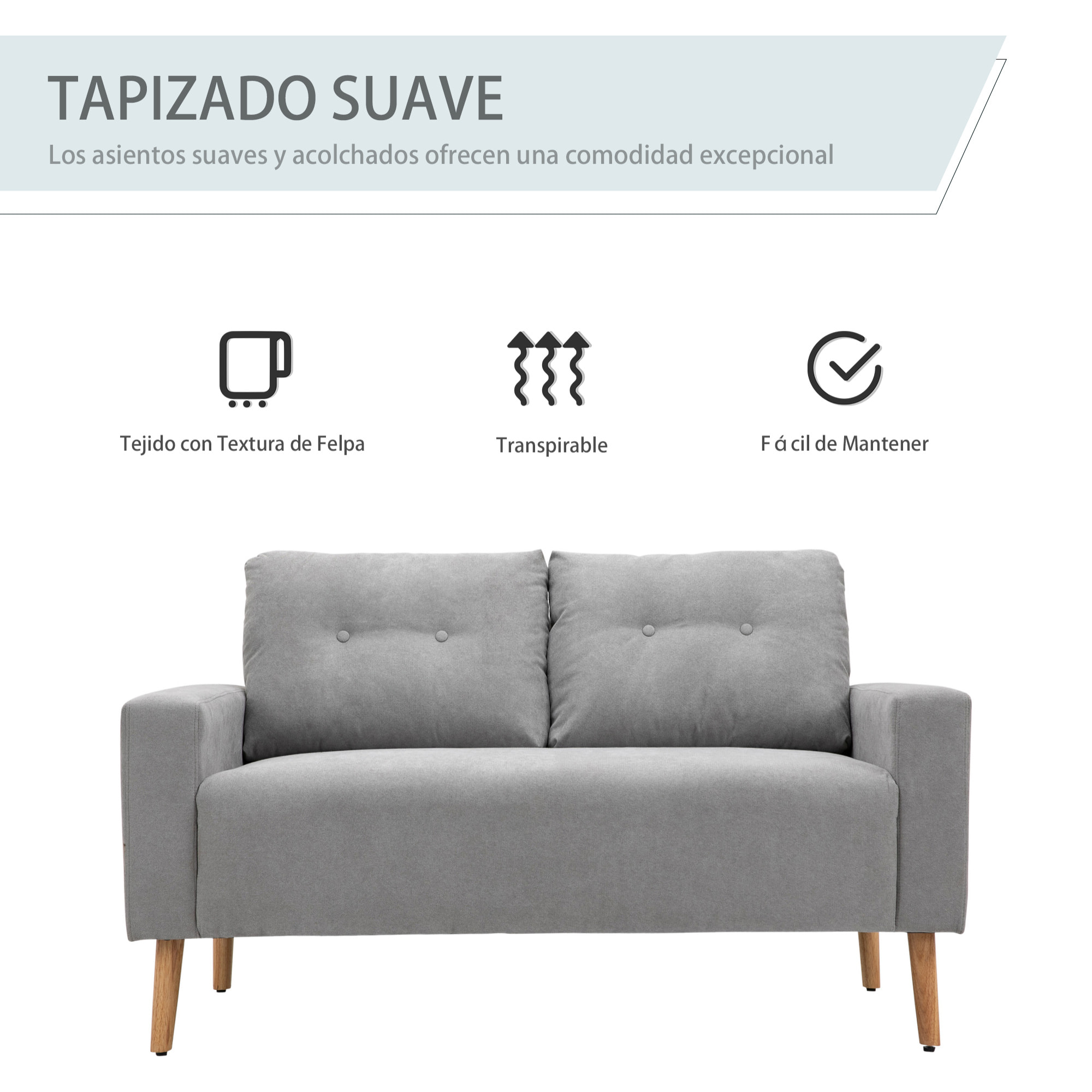 Sofá de 2 Plazas Sillón Moderno Tapizado en Poliéster con 2 Cojines Reposabrazos y Patas de Madera de Caucho para Dormitorio Oficina 145x76x88 cm Gris