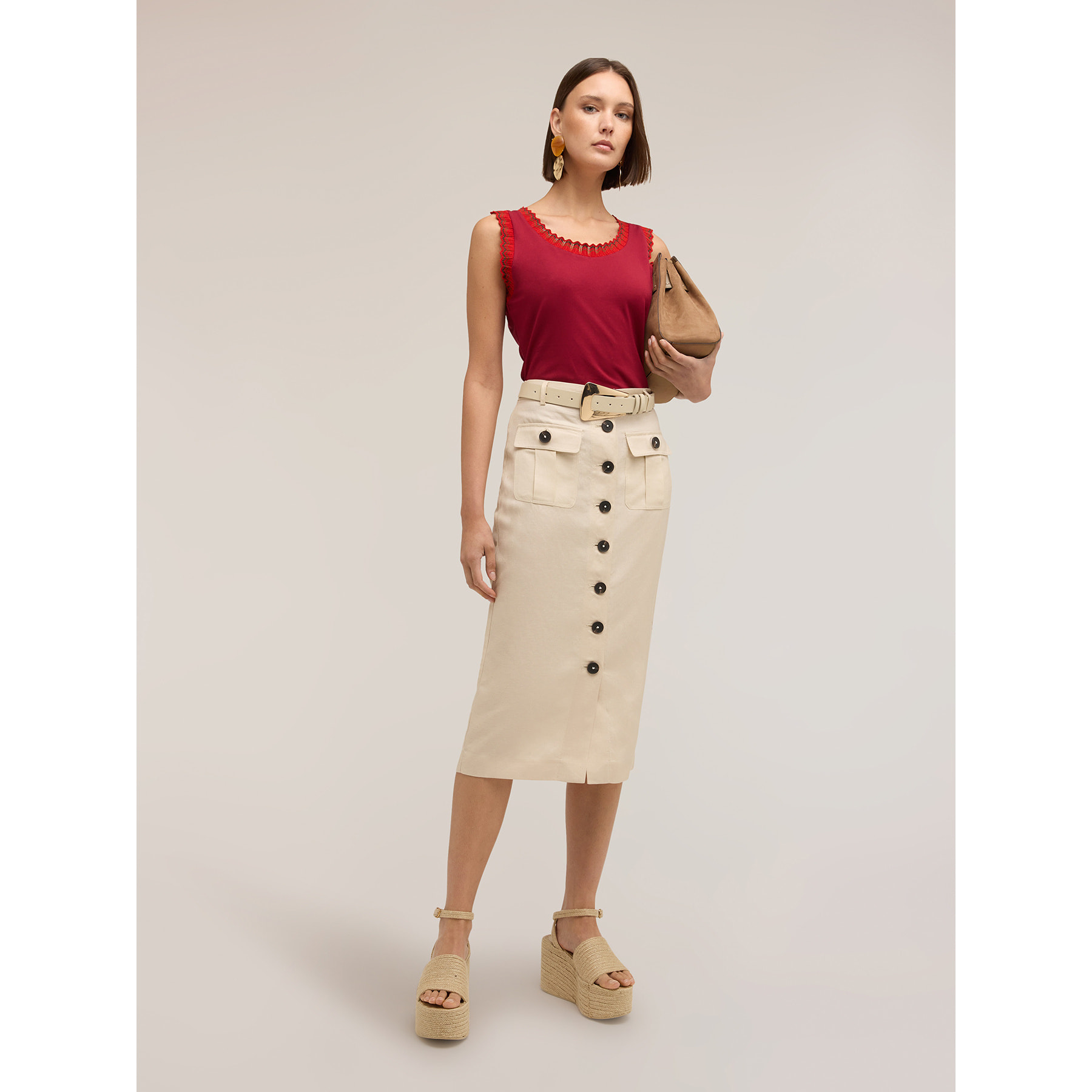 Motivi - Falda tubo longuette en mezcla de lino - Beige