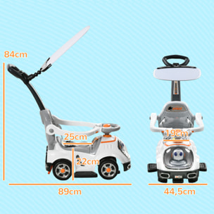 Coche Correpasillos 3 en 1 para Niños 12-36 Meses, Correpasillos con Espacio de Almacenaje, Diseño de Robot con Ojos Luminosos, Música, Bocina, Asa de Empuje y Toldo Extraíbles, Blanco