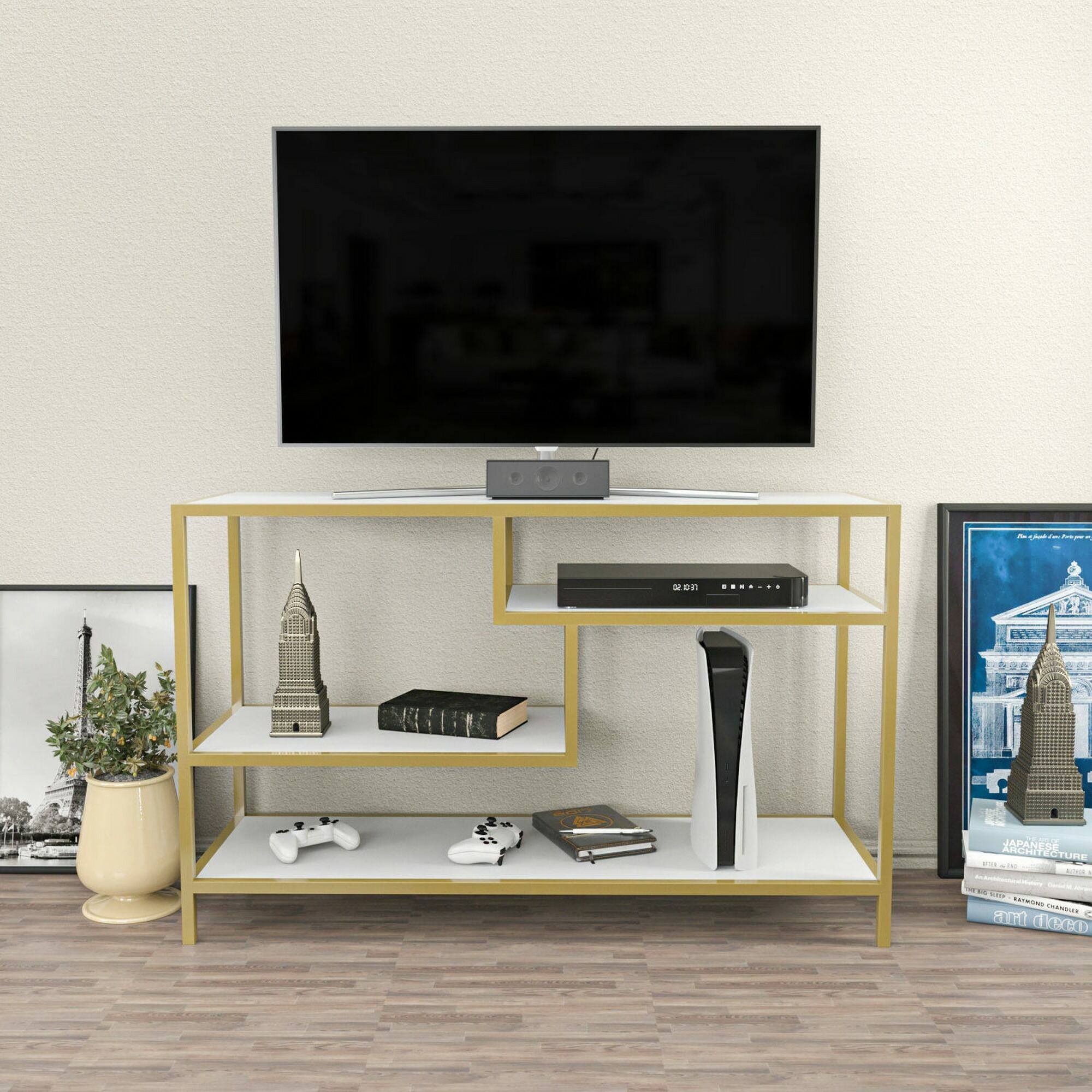 Mobile porta TV Dplizzar, Credenza da soggiorno, Armadio basso per TV, Base parete attrezzata, 120x39h75 cm, Oro e Bianco