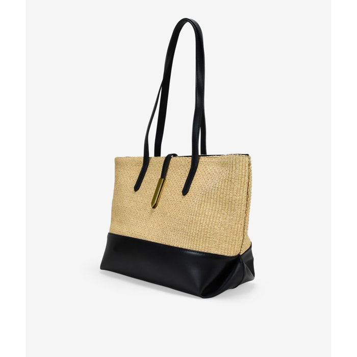 Bolso de hombro beige en rafia con solapa