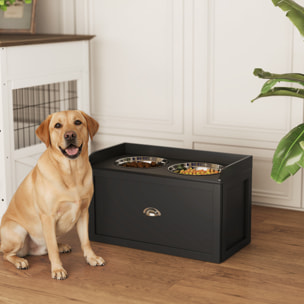 Gamelle double chien chat - porte-gamelles surélevé rangement 2 en 1 - tiroir, 2 gamelles - acier inox. MDF noir