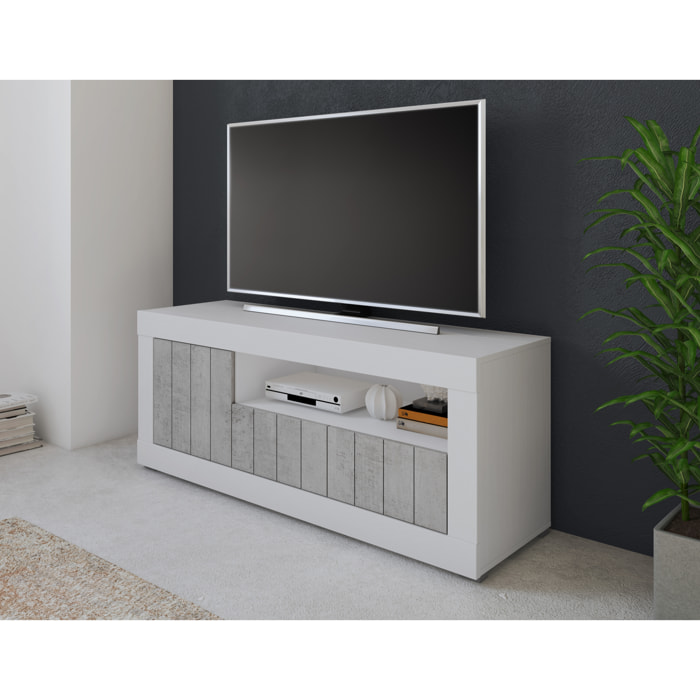 Mobile TV Basso In Melaminico Con Anta Laterale E A Ribalta Vano Giorno Ripiani Interni Soggiorno Salotto 136.9x41.8x56 Cm Bianco Grigio Cemento