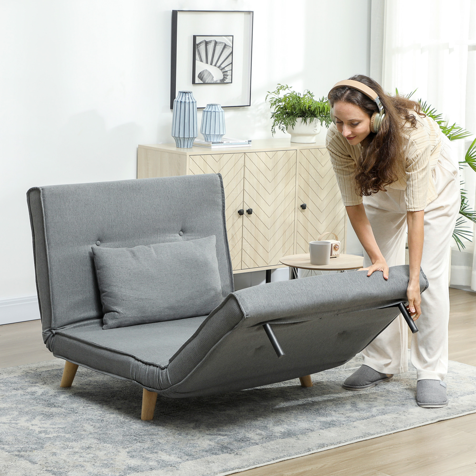 Sofá Cama de 1 Plaza 3 en 1, Sillón Cama Plegable Tapizado en Lino Sintético, con Respaldo Ajustable en 6 Niveles, Almohada, Asiento Ancho, Patas de Madera, 90x78x79 cm, Gris