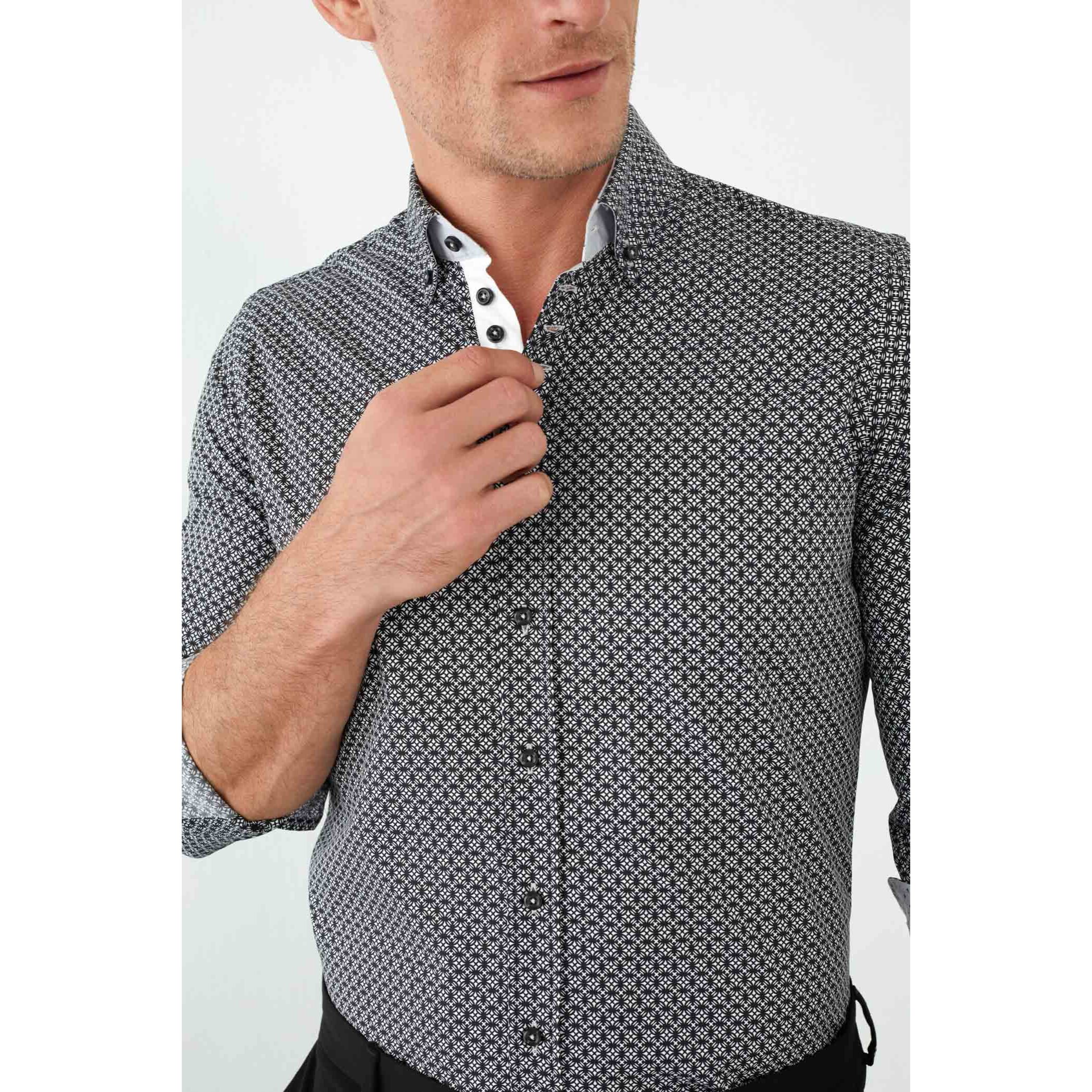Camicia Uomo 1 Bottoni Button Down Slim Popeline Stampato Nero/Bianco