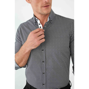 Camicia Uomo 1 Bottoni Button Down Slim Popeline Stampato Nero/Bianco