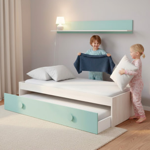 Letto Singolo A Scomparsa Per Ragazzi Con Letto Estraibile E Mensola A Muro Salvaspazio Per Cameretta Camera 201x43x98 Cm Bianco Alpi e Verde Acqua