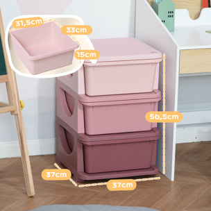 Organisateur de jouets enfant 3 tiroirs - boîtes de rangement plastique - PP rose