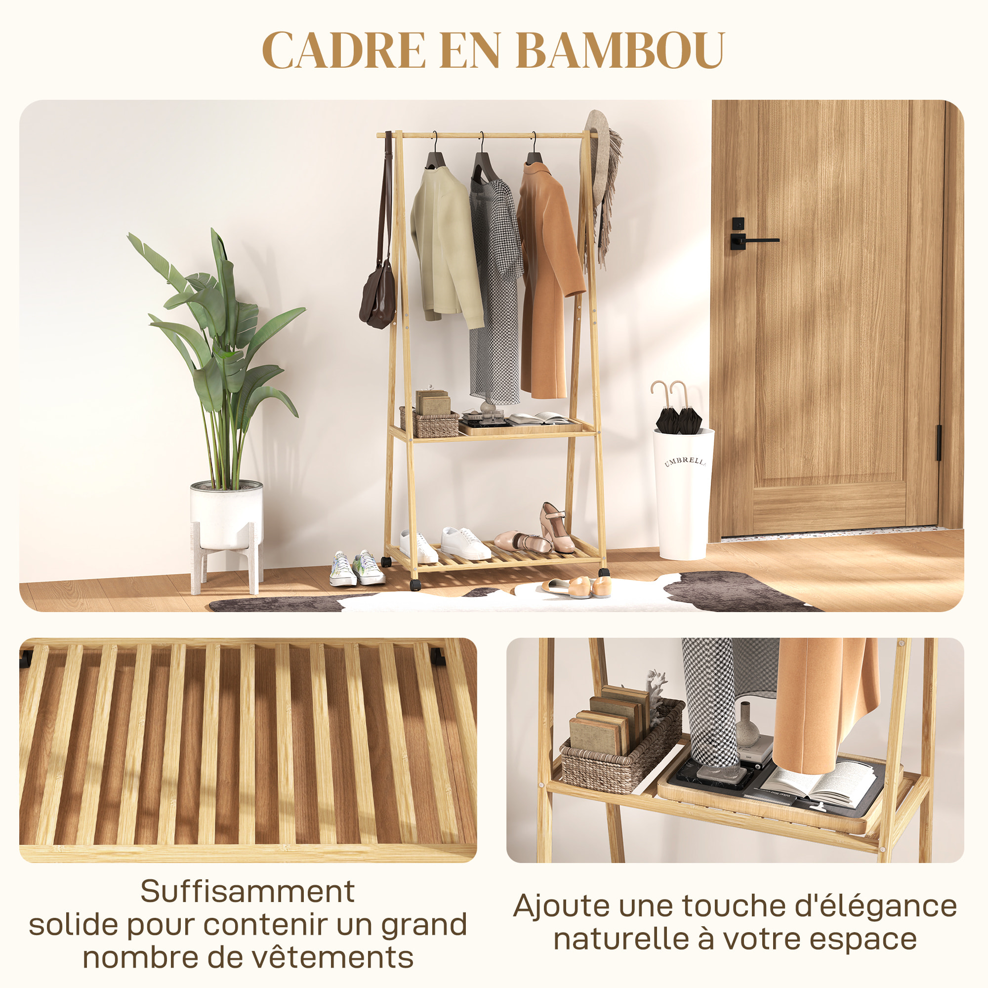 Portant penderie à vêtements en bambou mobile 4 roulettes 2 étagères dim. 84,5L x 43,5l x 158H cm