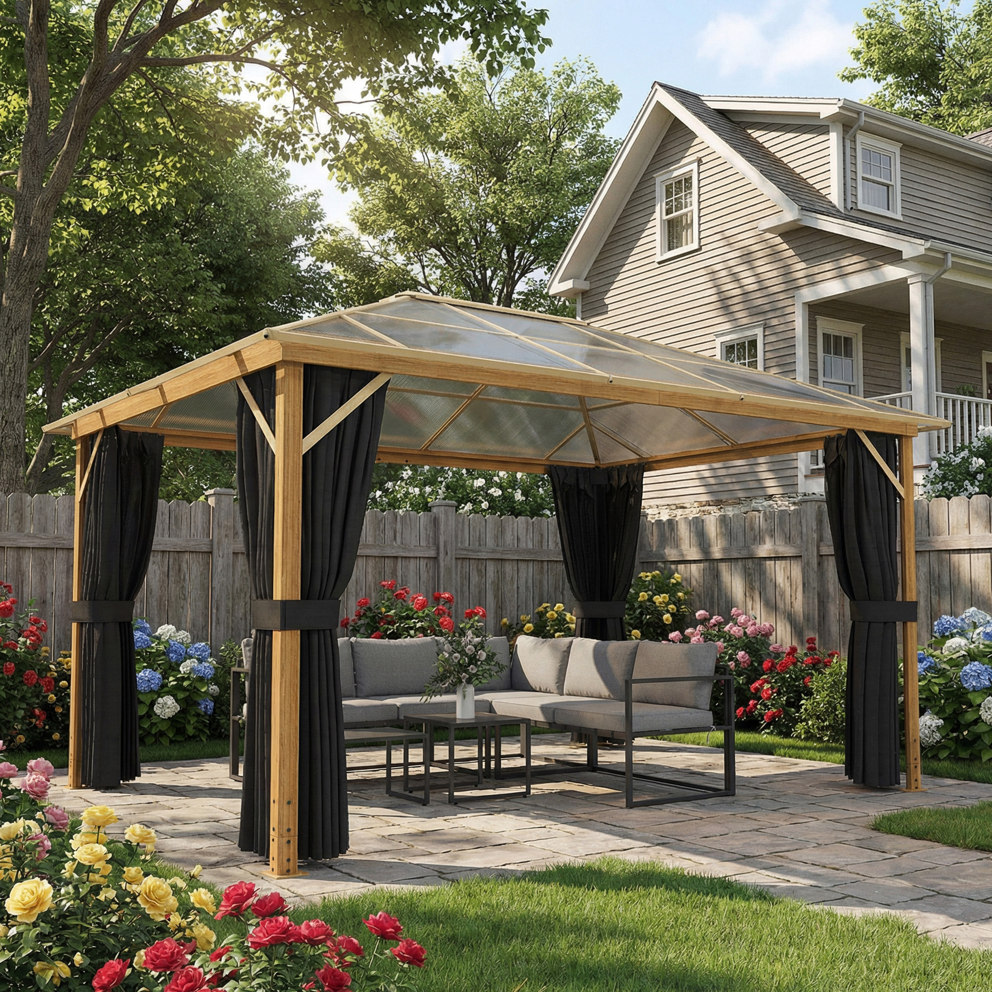 Pergola pavillon de jardin alu effet bois toit polycarbonate 3 x 4 m rideaux moustiquaires inclus
