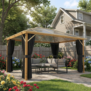 Pergola pavillon de jardin alu effet bois toit polycarbonate 3 x 4 m rideaux moustiquaires inclus