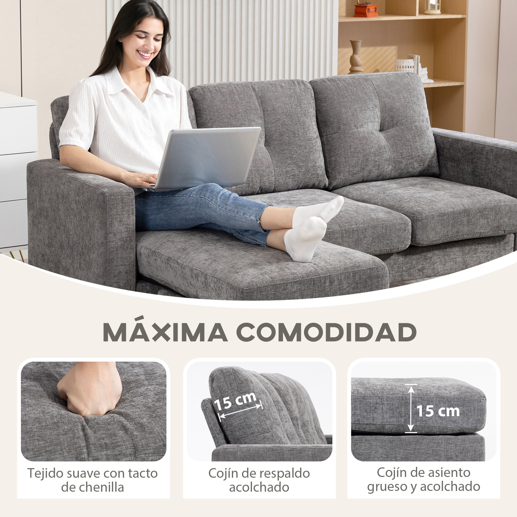 Sofá Chaise Longue Reversible, Sofá de 3 Plazas en Forma de L, Tapizado en Chenilla, Asiento y Respaldo Acolchados, Estructura de Acero, 186x130x84 cm, Gris Oscuro