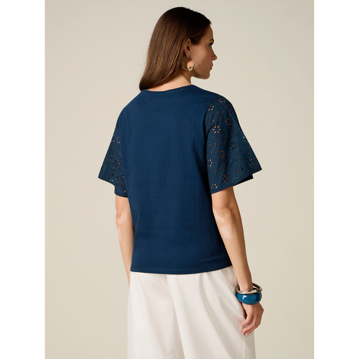Oltre - T-shirt con maniche in sangallo - Blu