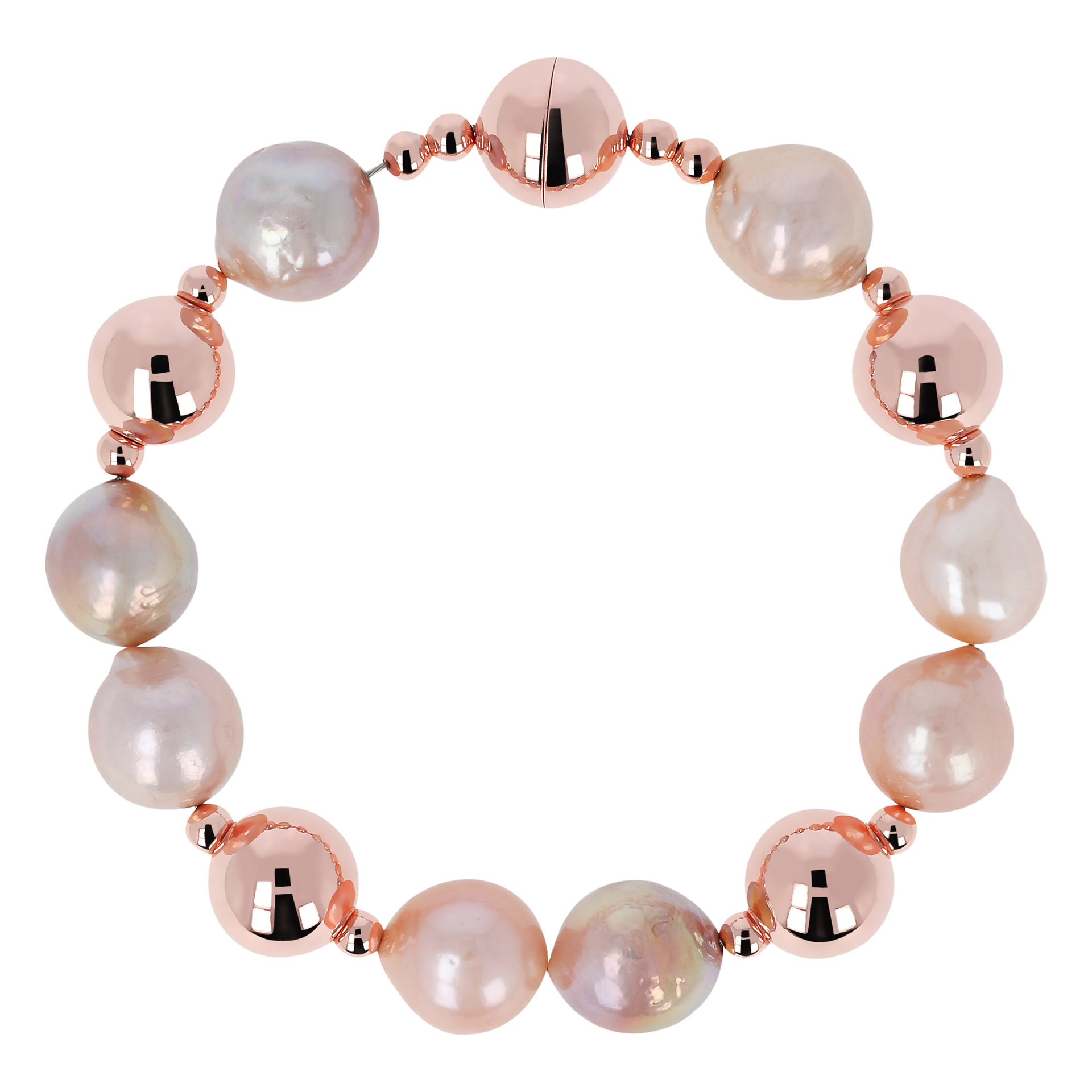 Bracciale con Sfere Lucide e Perle Ming Rosa d'Acqua Dolce Ø 12 mm