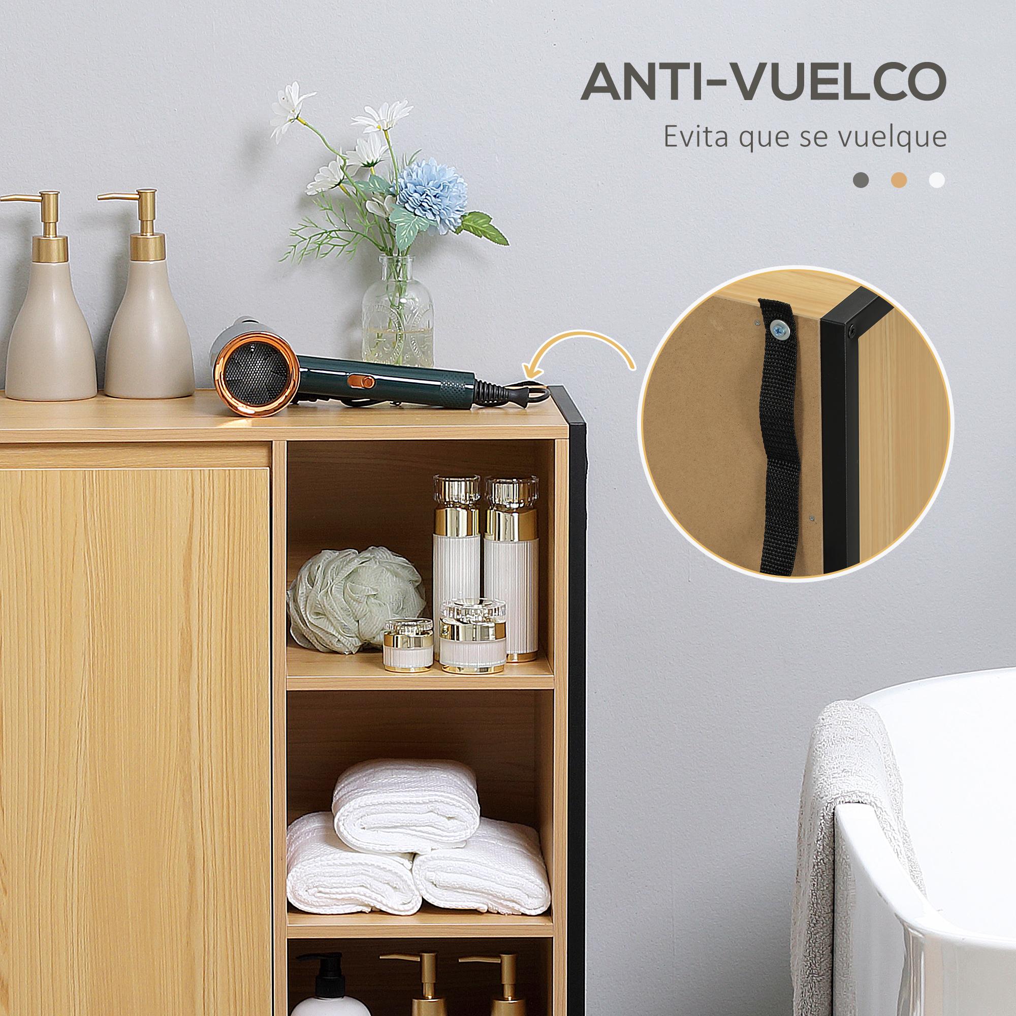 Armario Auxiliar de Baño con 1 Puerta y 3 Estantes Abiertos Mueble Auxiliar de Baño para Salón Aseo Dormitorio Estilo Industrial 60x28x80 cm Roble