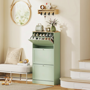 Meuble à chaussures 3 portes battantes style classique chic vert effet bois clair