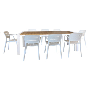 ENSEMBLE DE JARDIN TABLE NATUREL/BLANC 230CM AVEC 8 FAUTEUILS BLANC BASUN