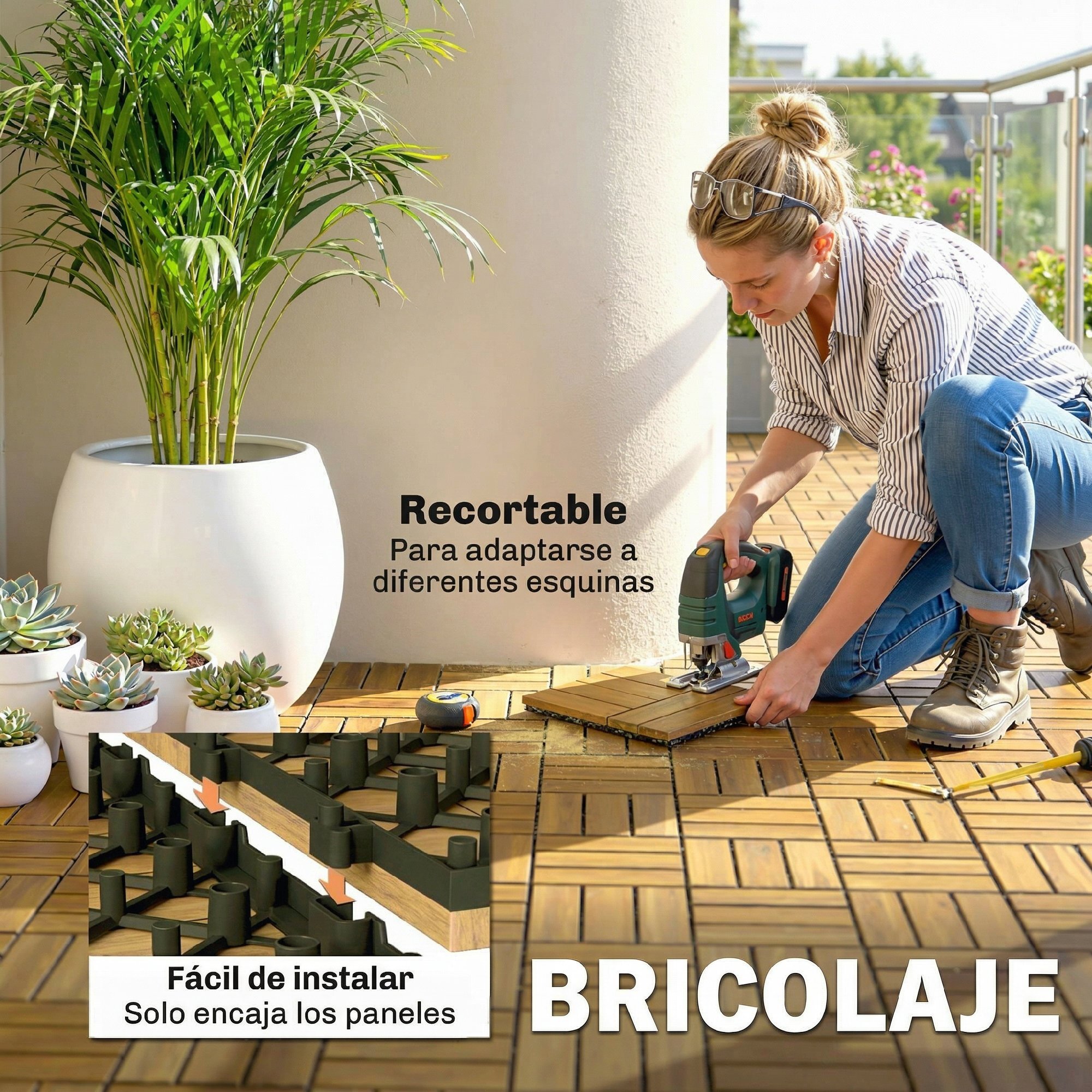 Set de 10 Piezas Baldosas de Exterior de Madera de Acacia, 31x31 cm, 0,91 m², Suelo de Terraza Exterior, Antideslizantes y Resistentes al Clima, Fácil Instalación, para Terraza, Natural