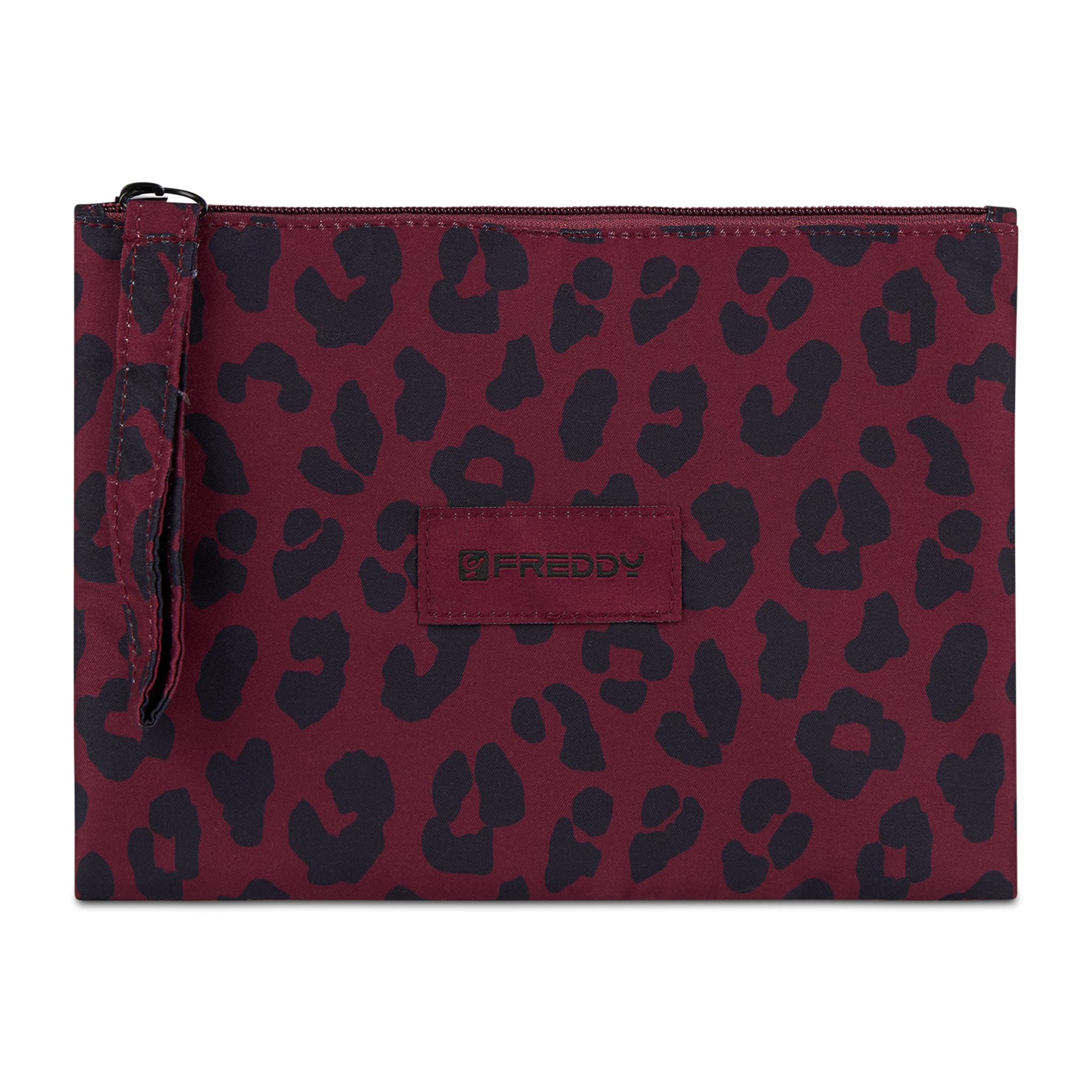 Bustina leopardata in poliestere con zip e logo applicato