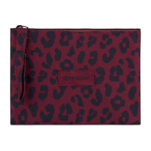 Bustina leopardata in poliestere con zip e logo applicato