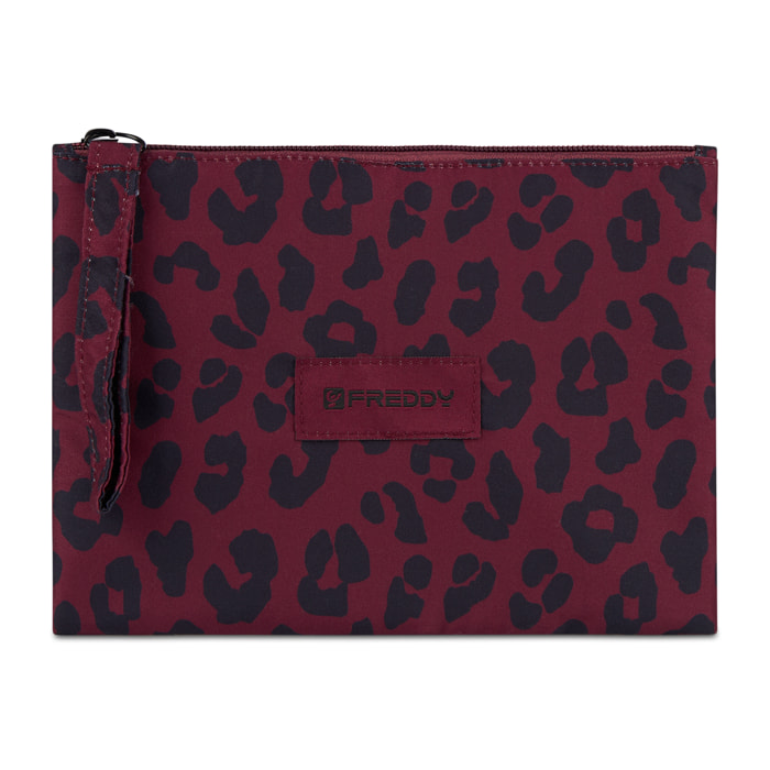 Bustina leopardata in poliestere con zip e logo applicato