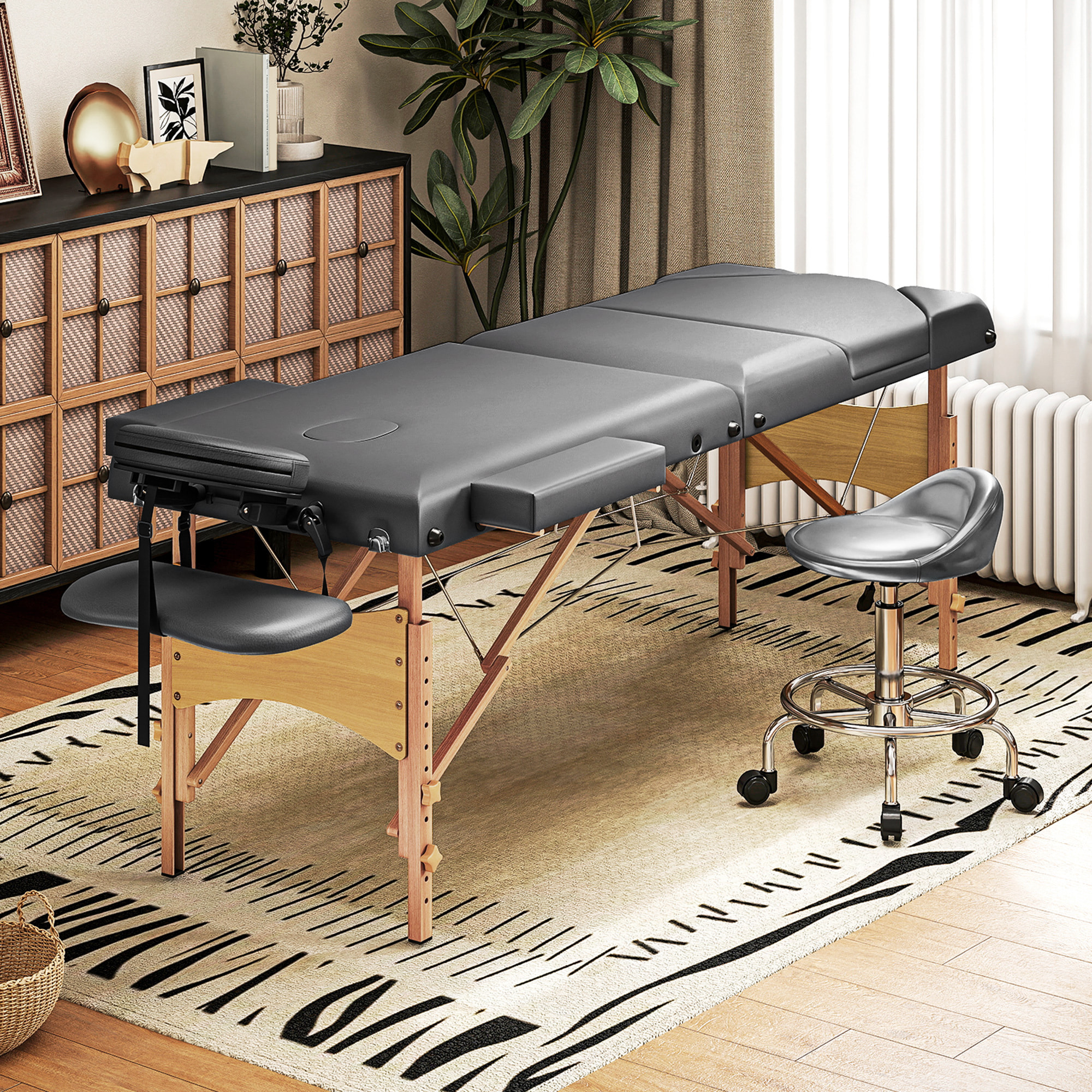 Camilla Masaje Plegable Portátil Camilla Estética Profesional de Madera de 3 Zonas con Altura, Respaldo, Soporte para Piernas, Reposacabezas Ajustables Brazos Acolchados 215x60x64-89 cm Gris