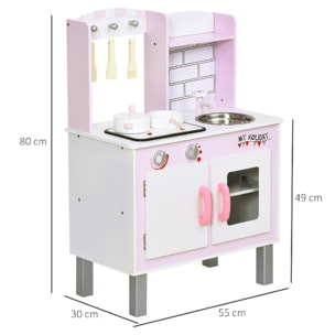 Cuisine bois jeu d'imitation - cuisine rose enfant - nombreux accessoires & rangements inclus - fonction sonore - MDF pin rose blanc