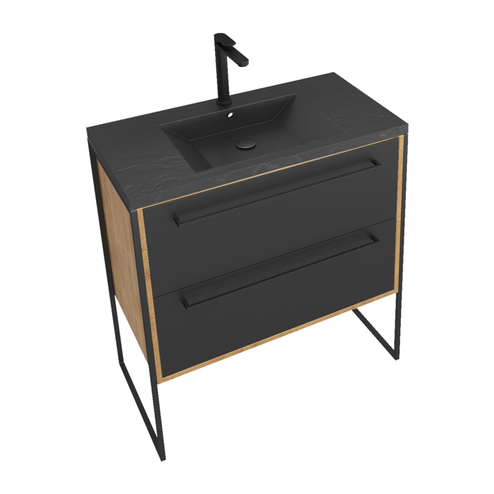 Meuble de salle de bain 80x50cm chene brun - 2 tiroirs noir mat - vasque resine noire effet pierre