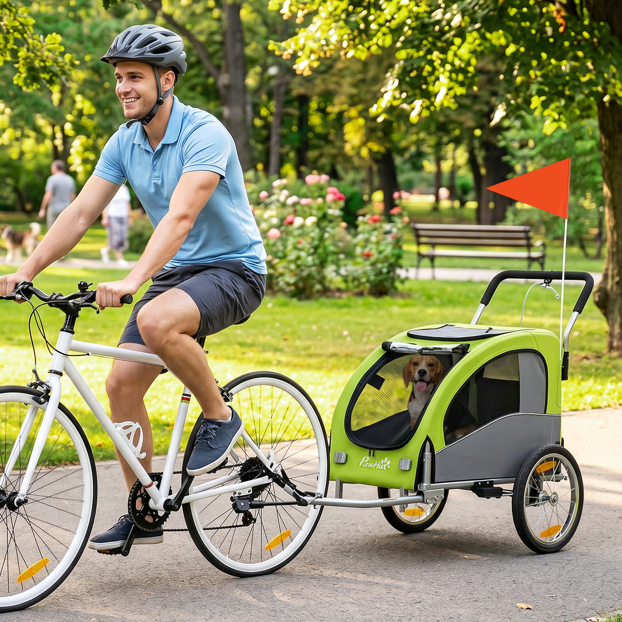 Remolque de Bicicleta Perros 2 en 1, Carrito para Perros Medianos hasta 20 kg y Gatos Plegable con Suspensión, Neumáticos Grandes, Ventanas de Malla, Freno de Mano, Reflectores, Bandera, Verde