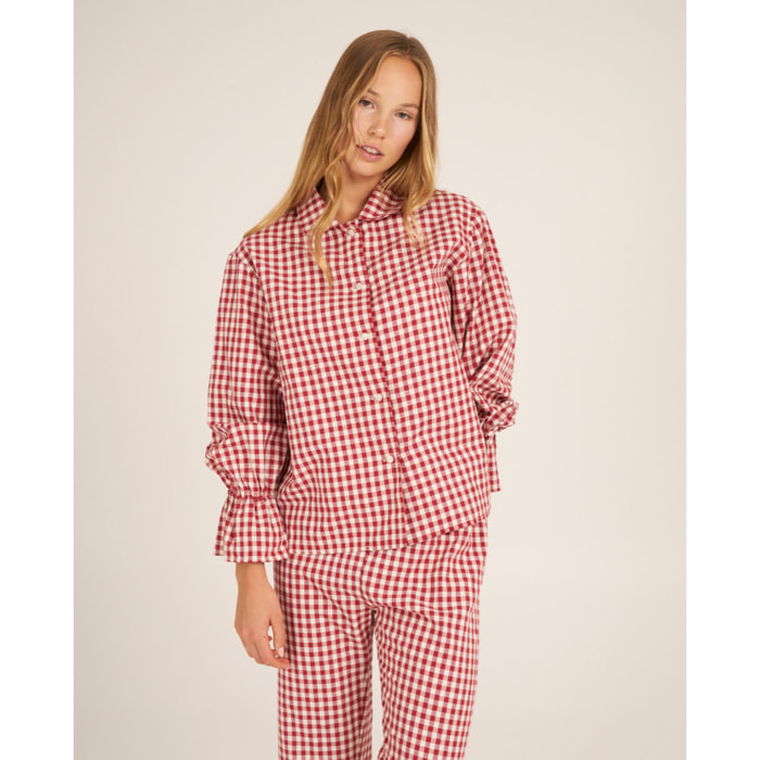 Camiseta de pijama de mujer abotonada de cuadros vichy