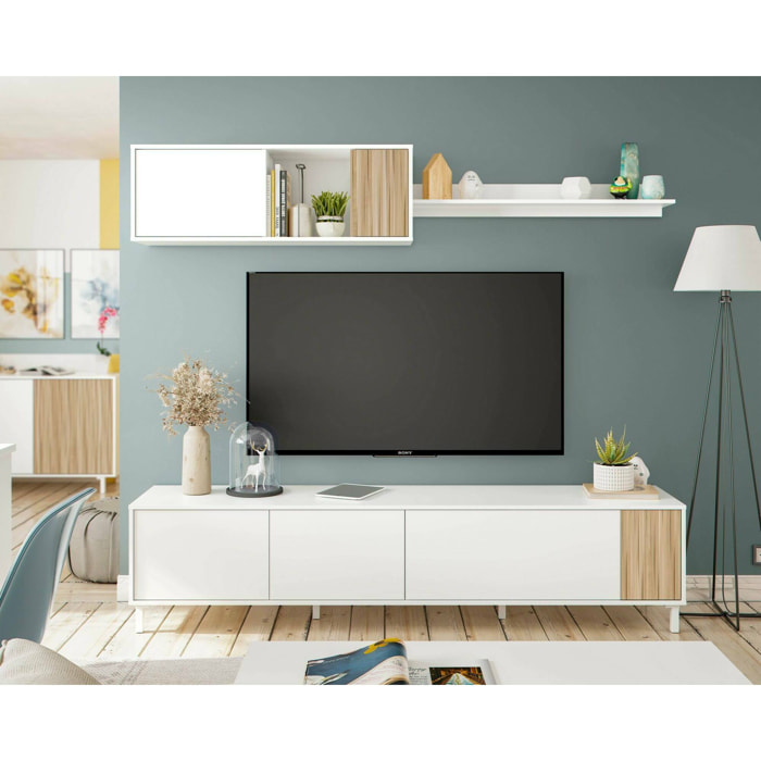 Mobile porta TV Woonsocket, Armadietto soggiorno con ante, Armadio pensile con mensola, Credenza multiuso, 200x40h47 cm, Bianco e Rovere