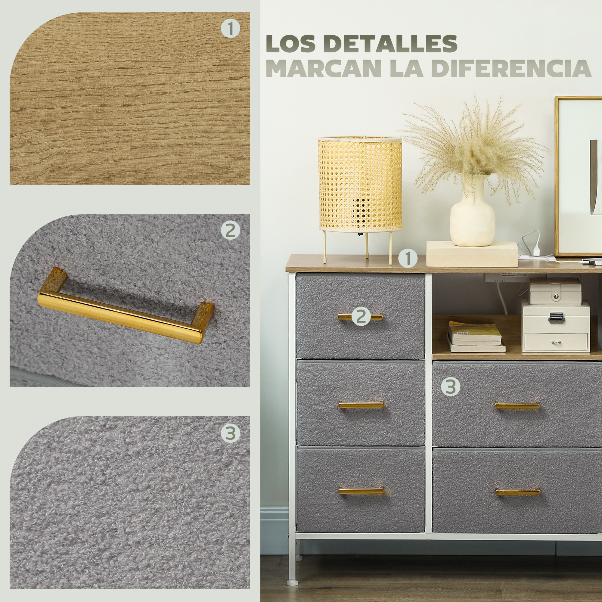 Cómoda con 8 Cajones Tapizado en Borreguito Cajonera de Tela con Estación de Carga Puerto USB Tipo-C y Estructura de Acero Cómoda para Dormitorio Pasillo Gris