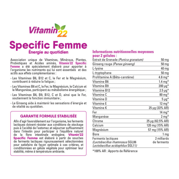 VITAMIN 22 - Specific Femme - A base de 14 vitamines et minéraux - Action fortifiante et anti-fatigue - Fabriqué en France - Cure de 60 j - Lot de 2