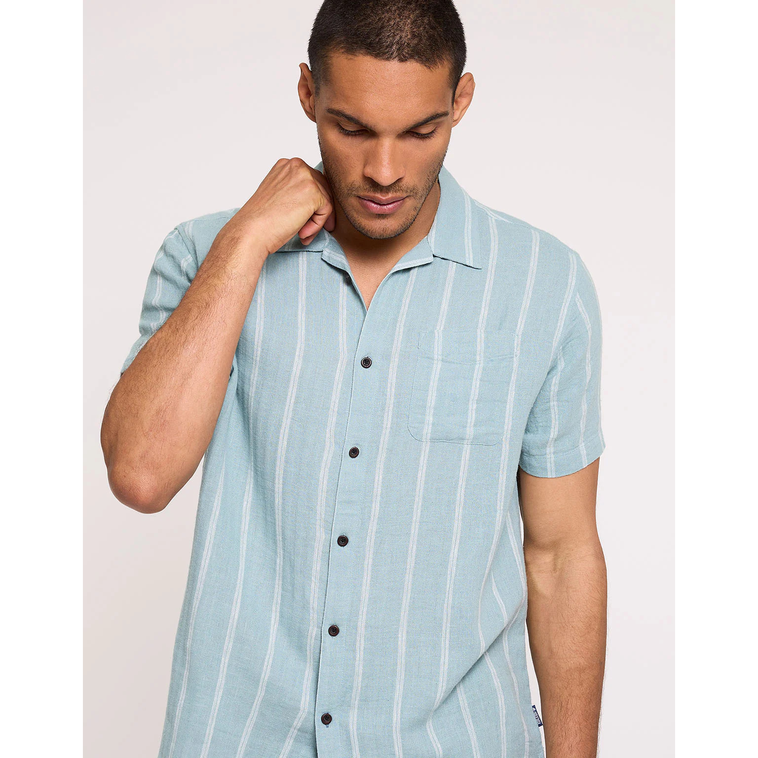 Camisa Manga Corta con Lino Azul Claro Rayas - Selvaire