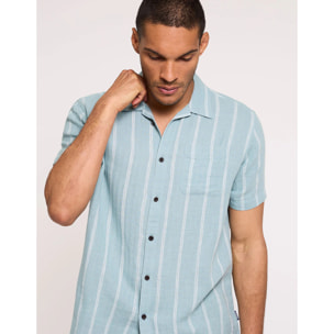 Camisa Manga Corta con Lino Azul Claro Rayas - Selvaire