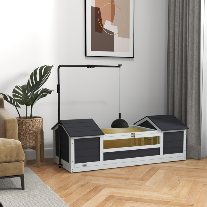 Maison tortue terrestre extérieure - enclos tortue 2 niches, support lampe réglable, toit ouvrable - acrylique bois gris